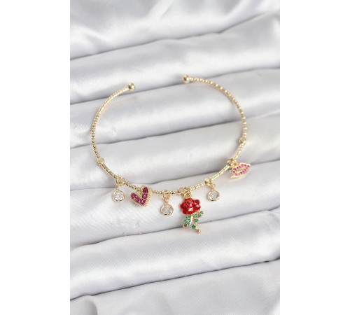 Gül Charmlı Gold Renk Pirinç Kadın Bileklik - TJ-BB8043