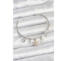 Çiçek ve Kelebek Charmlı Gümüş Renk Pirinç Kadın Bileklik - TJ-BB8050