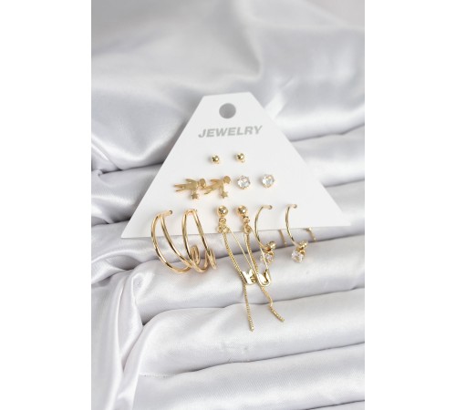 Pirinç Gold Renk 6 Çiftli Kadın Küpe Seti - TJ-BKP11327