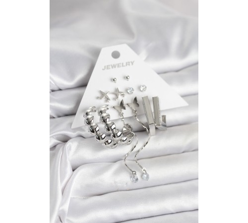 Gümüş Renk Pirinç 6'lı Kadın Küpe Seti - TJ-BKP11330