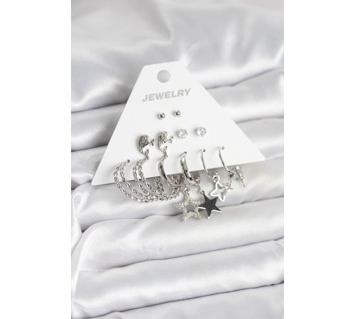 Pirinç Gümüş Renk 6'lı Kadın Küpe Seti - TJ-BKP11333