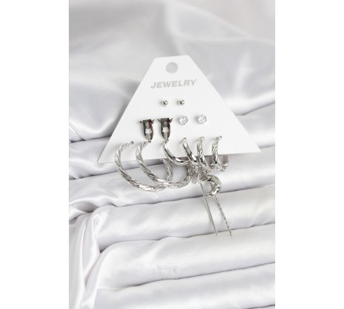 Gümüş Renk Pirinç 6'lı Kadın Küpe Seti - TJ-BKP11337