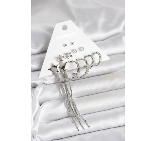 Gümüş Renk Pirinç 6 Çift Kadın Küpe Seti - TJ-BKP11338