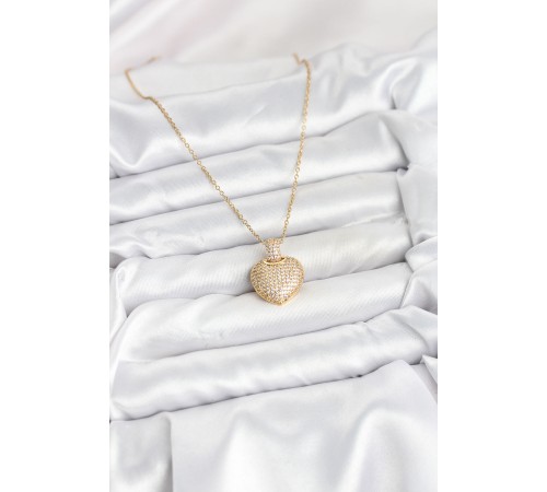 316L Çelik Zincir Gold Renk Zirkon Taşlı Kalpli Kadın Kolye - TJ-BKO10607