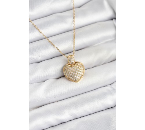 316L Çelik Zincir Gold Renk Zirkon Taşlı Kalpli Kadın Kolye - TJ-BKO10607