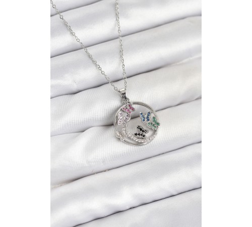 316L Çelik Zincir Gümüş Renk Zirkon Taşlı Kelebekli Kadın Kolye - TJ-BKO10608