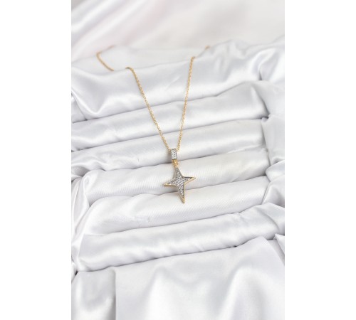 316L Çelik Zincir Gold Renk Kutup Yıldızı Model Zirkon Taşlı Kadın Kolye - TJ-BKO10610