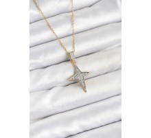 316L Çelik Zincir Gold Renk Kutup Yıldızı Model Zirkon Taşlı Kadın Kolye - TJ-BKO10610