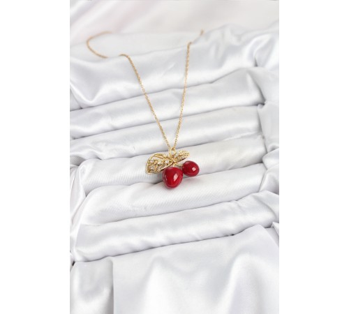 316L Çelik Zincir Yapraklı Kiraz Model Gold Renk Kadın Kolye - TJ-BKO10613