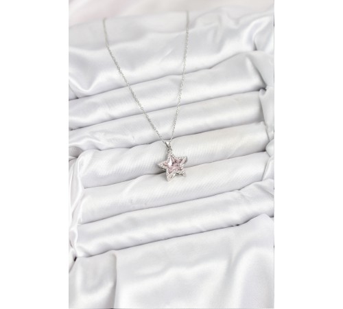 316L Çelik Zincir Gümüş Renk Pembe Taşlı Yıldız Model Kadın Kolye - TJ-BKO10620