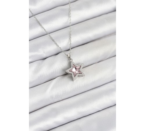 316L Çelik Zincir Gümüş Renk Pembe Taşlı Yıldız Model Kadın Kolye - TJ-BKO10620