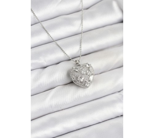 316L Çelik Zincir Gümüş Zirkon Taşlı Kalpli Kadın Kolye - TJ-BKO10625