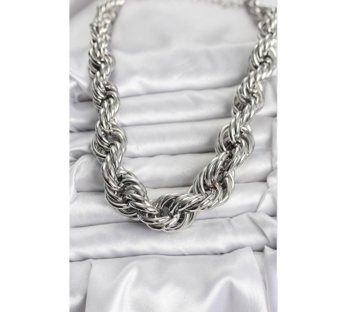 Pirinç Gümüş Renk Sarmal Halat Model Kadın Kolye - TJ-BKO10635