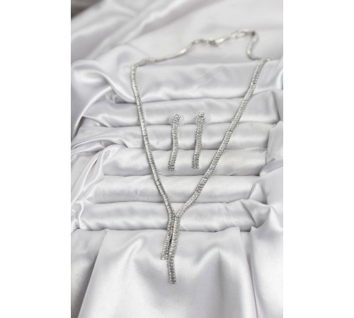 Gümüş Renk Baget Zirkon Taşlı Kadın Kolye Küpe Set - TJ-BKO10637