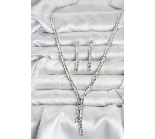 Gümüş Renk Baget Zirkon Taşlı Kadın Kolye Küpe Set - TJ-BKO10637