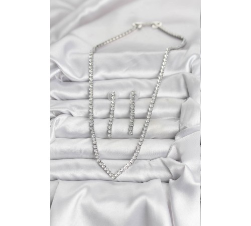 Gümüş Renk Zirkon Taşlı Kadın Kolye Küpe Seti - TJ-BKO10638