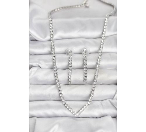 Gümüş Renk Zirkon Taşlı Kadın Kolye Küpe Seti - TJ-BKO10638
