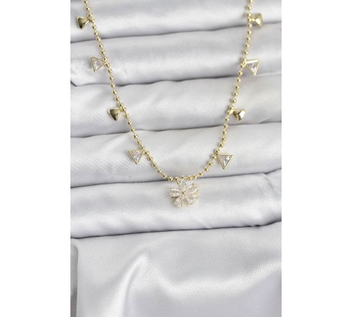 Pirinç Gold Renk Zirkon Taşlı Çiçek Model Kadın Kolye - TJ-BKO10642