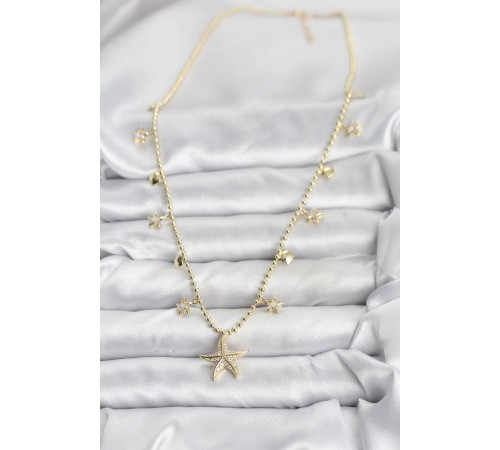 Pirinç Gold Renk Zirkon Taşlı Deniz Yıldızı Model Kadın Kolye - TJ-BKO10644