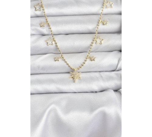 Pirinç Gold Renk Zirkon Taşlı Kutup Yıldızı Model Kadın Kolye - TJ-BKO10649