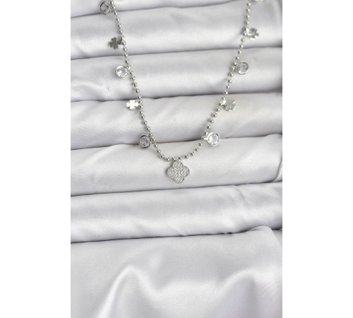 Pirinç Gümüş Renk Yonca Model Kadın Kolye - TJ-BKO10651