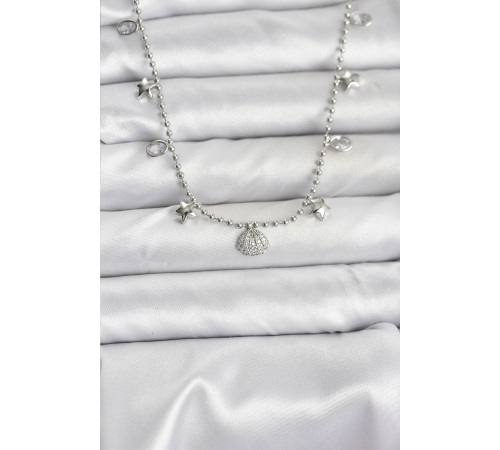 Pirinç Gümüş Renk Zirkon Taşlı Deniz Kabuğu Model Kadın Kolye - TJ-BKO10656