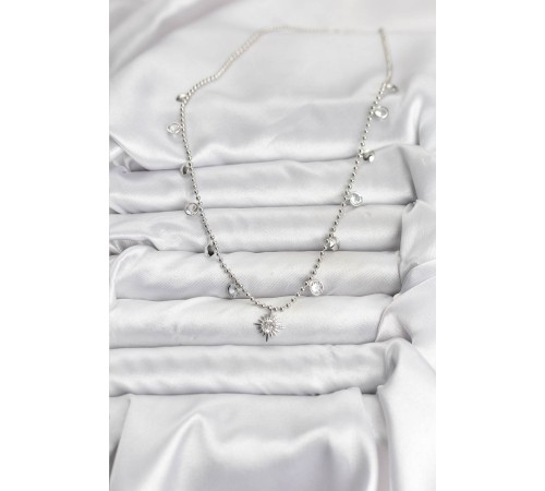 Zirkon Taşlı Kutup Yıldızı Model Pirinç Gümüş Renk Kadın Kolye - TJ-BKO10658