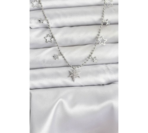 Pirinç Gümüş Renk Zirkon Taşlı Kutup Yıldızı Model Kadın Kolye - TJ-BKO10659