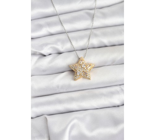 316L Çelik Zincir Gümüş Renk Zincirli Gold Yıldız Model Kadın Kolye - TJ-BKO10679