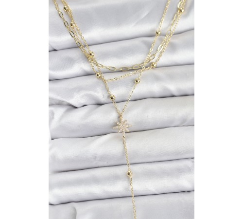 Pirinç Gold Renk Kutup Yıldızı Detaylı 3'lü Kombin Kadın Kolye - TJ-BKO10689