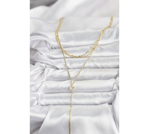 Pirinç Gold Renk Kalp Detaylı 3'lü Kombin Y Kadın Kolye - TJ-BKO10690