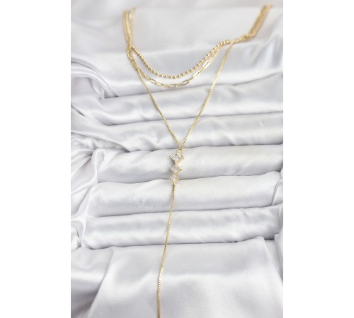 Pirinç Gold Renk Zirkon Taş Detaylı 3'lü Kombin Y Kadın Kolye - TJ-BKO10691