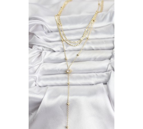 Pirinç Gold Renk Güneş Model Detaylı 3'lü Kombin Y Kadın Kolye - TJ-BKO10692