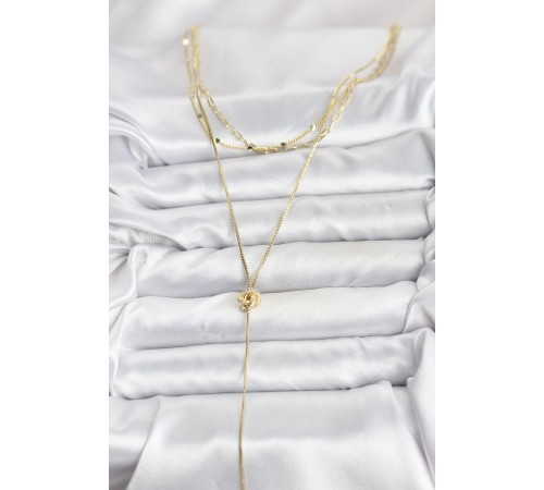 Pirinç Gold Renk Düğüm Model Detaylı 3'lü Kombin Y Kadın Kolye - TJ-BKO10693