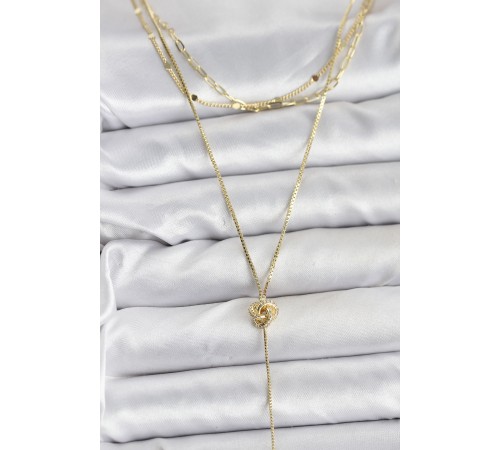 Pirinç Gold Renk Düğüm Model Detaylı 3'lü Kombin Y Kadın Kolye - TJ-BKO10693