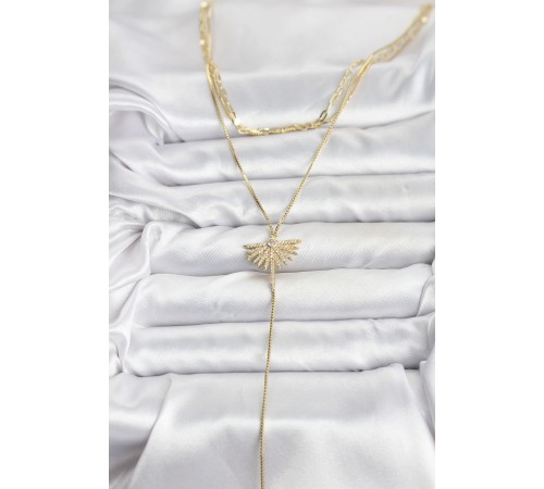 Pirinç Gold Renk Zirkon Taşlı Yelpaze Model Detaylı 3'lü Kombin Y Kadın Kolye - TJ-BKO10695