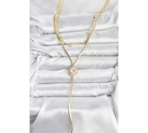 Pirinç Gold Renk Zirkon Taşlı Papatya Model Detaylı 3'lü Kombin Y Kadın Kolye - TJ-BKO10696