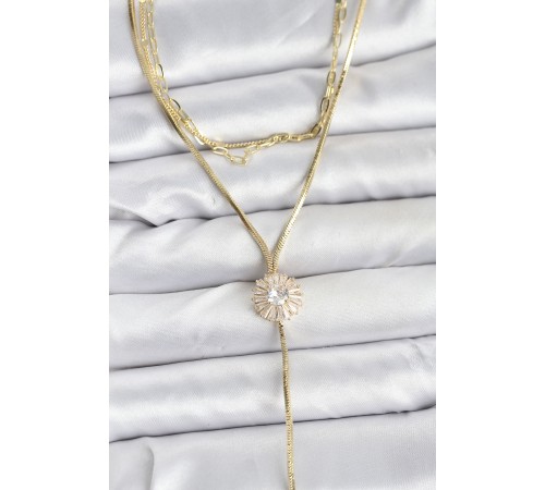 Pirinç Gold Renk Zirkon Taşlı Papatya Model Detaylı 3'lü Kombin Y Kadın Kolye - TJ-BKO10696