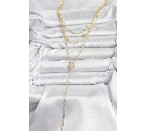 Pirinç Gold Renk Zirkon Taşlı Çiçek Model Detaylı 3'lü Kombin Y Kadın Kolye - TJ-BKO10697