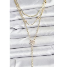 Pirinç Gold Renk Zirkon Taşlı Çiçek Model Detaylı 3'lü Kombin Y Kadın Kolye - TJ-BKO10697