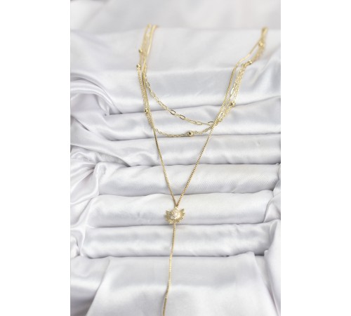 Pirinç Gold Renk Zirkon Taşlı Güneş Model Detaylı 3'lü Kombin Y Kadın Kolye - TJ-BKO10698