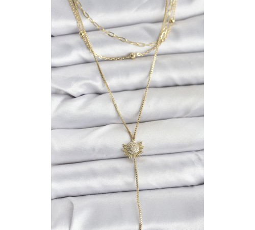 Pirinç Gold Renk Zirkon Taşlı Güneş Model Detaylı 3'lü Kombin Y Kadın Kolye - TJ-BKO10698