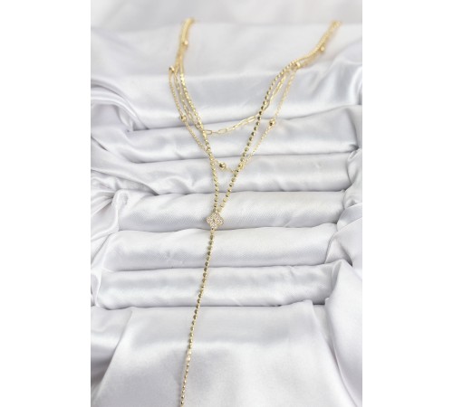 Pirinç Gold Renk Zirkon Taşlı Yonca Model Detaylı 3'lü Kombin Y Kadın Kolye - TJ-BKO10699