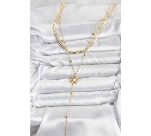 Pirinç Gold Renk Zirkon Taşlı Model Detaylı 3'lü Kombin Y Kadın Kolye - TJ-BKO10700