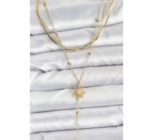 Pirinç Gold Renk Zirkon Taşlı Model Detaylı 3'lü Kombin Y Kadın Kolye - TJ-BKO10700