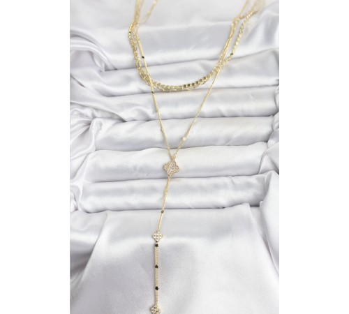 Pirinç Gold Renk Zirkon Taşlı Yoncalı Model Detaylı 3'lü Kombin Y Kadın Kolye - TJ-BKO10701