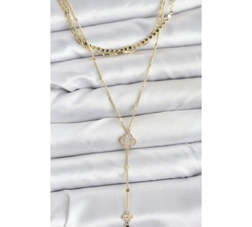 Pirinç Gold Renk Zirkon Taşlı Yoncalı Model Detaylı 3'lü Kombin Y Kadın Kolye - TJ-BKO10701