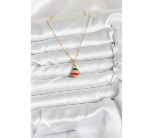 316L Çelik Zincir Gold Ren Çam Ağacı Model Zirkon Taşlı Yılbaşı Temalı Kadın Kolye - TJ-BKO10710