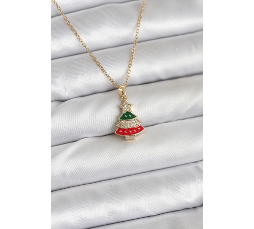 316L Çelik Zincir Gold Ren Çam Ağacı Model Zirkon Taşlı Yılbaşı Temalı Kadın Kolye - TJ-BKO10710