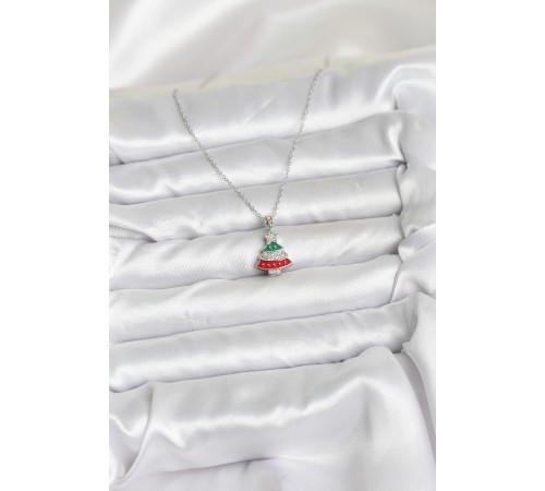 316L Çelik Zincir Gümüş Ren Çam Ağacı Model Zirkon Taşlı Yılbaşı Temalı Kadın Kolye - TJ-BKO10711